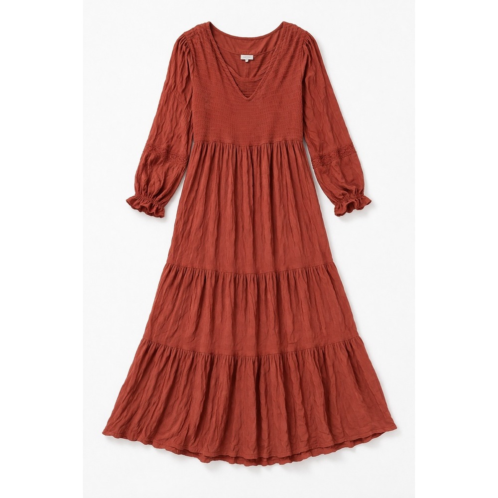 Coco + Jaimeson Boho Dress L Rust Flowy Tiered Midi Maxi